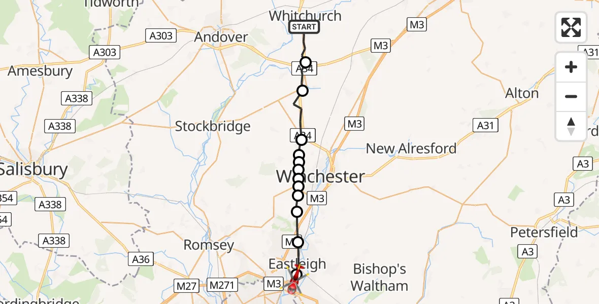 Flight route Air Ambulance Helicopter Hurstbourne Priors - Southampton Airport, 24 July 2026, 11:49