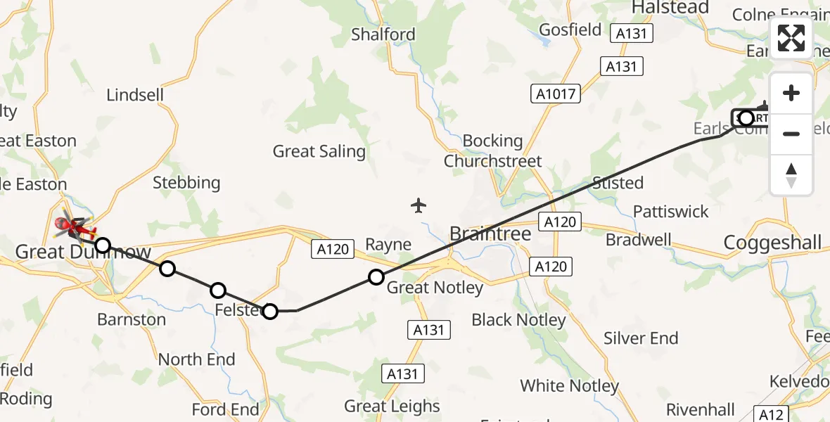 Flight route Air Ambulance Helicopter Earls Colne Airfield - Great Dunmow, 24 July 2026, 11:49