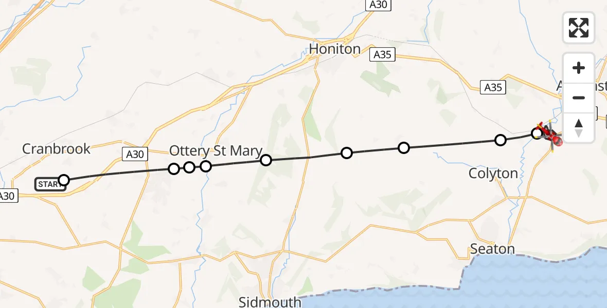 Flight route Air Ambulance Helicopter Exeter International Airport - Musbury, 24 July 2026, 11:52
