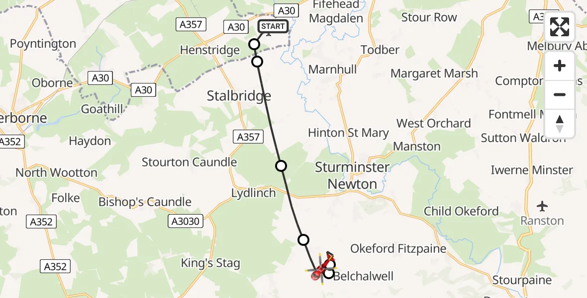 Flight route Air Ambulance Helicopter Henstridge Airfield - Fifehead St Quintin, 24 July 2026, 11:59