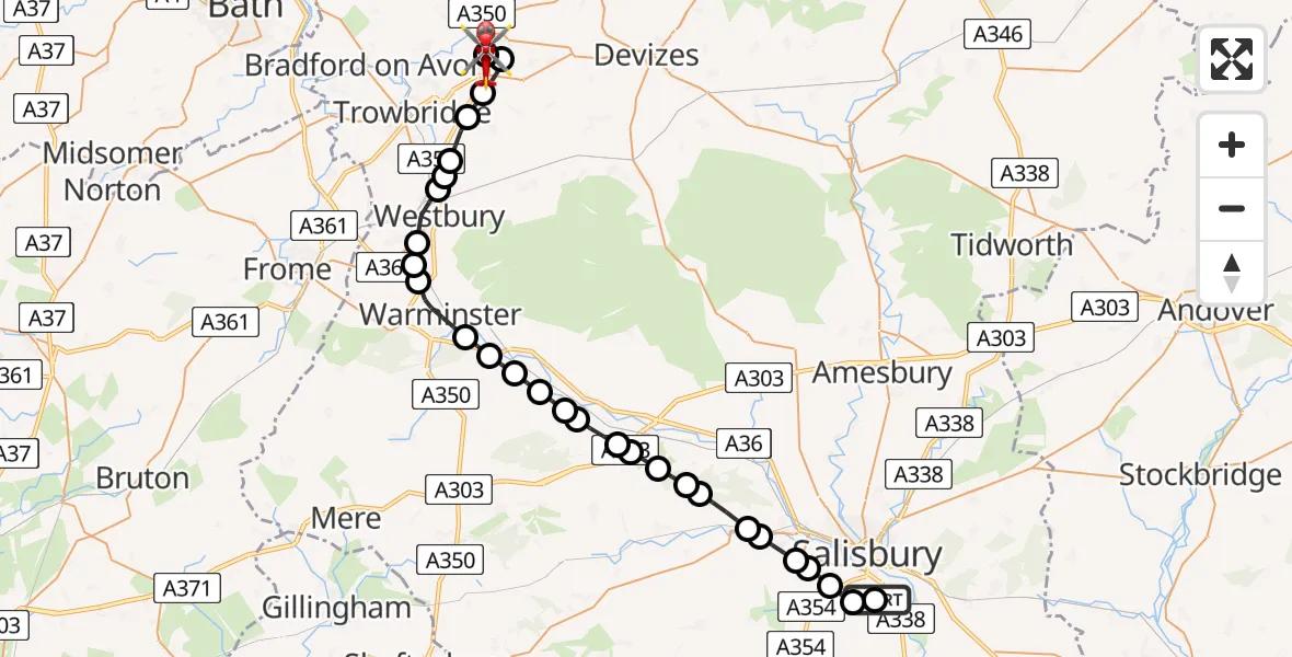 Flight route Air Ambulance Helicopter Salisbury District Hospital - Wiltshire Air Ambulance, 24 July 2026, 12:02
