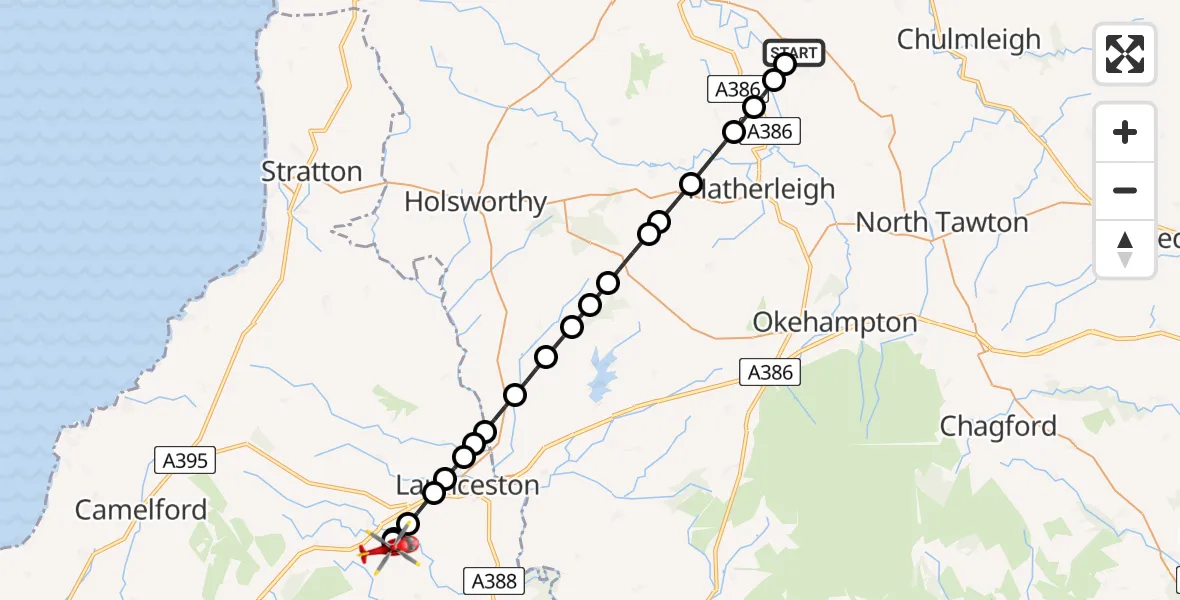 Flight route Air Ambulance Helicopter Dolton - Lewannick, 24 July 2026, 12:07