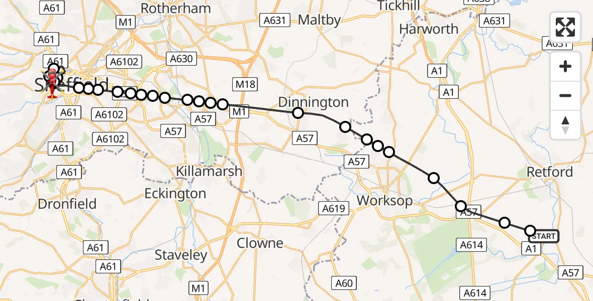 Flight route Air Ambulance Helicopter Retford Gamston Airport - Sheffield Childrens Hospital, 24 July 2026, 12:08