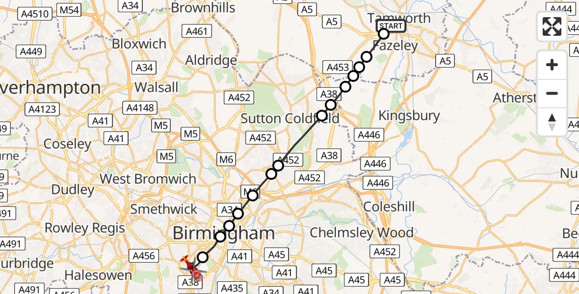 Flight route Air Ambulance Helicopter Tamworth - Metchley, 24 July 2026, 12:14