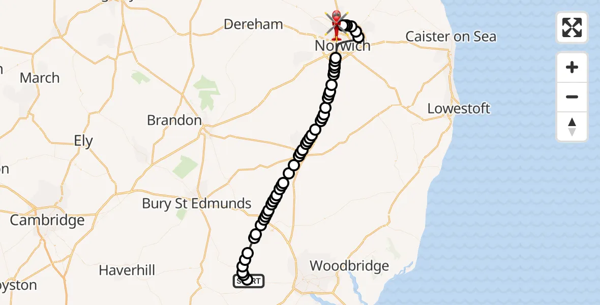 Flight route Air Ambulance Helicopter Kersey - Norwich Airport, 24 July 2026, 12:17