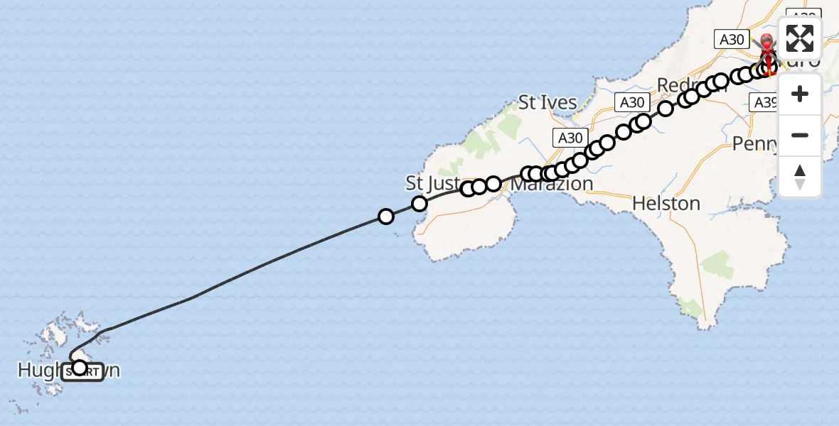 Flight route Air Ambulance Helicopter St. Mary's Airport - Treliske Hospital, 24 July 2026, 12:20