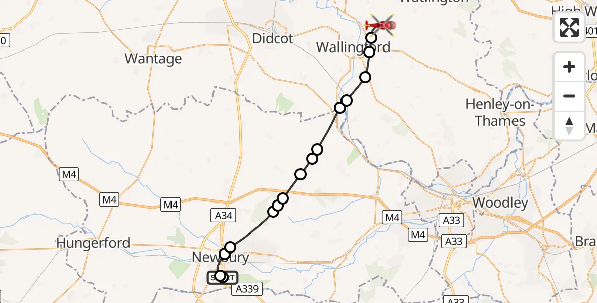 Flight route Air Ambulance Helicopter Newbury - RAF Benson, 24 July 2026, 12:36
