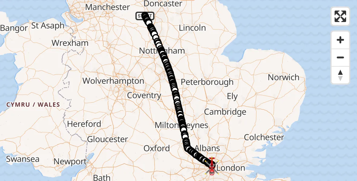 Flight route Air Ambulance Helicopter Sheffield Childrens Hospital - City of Westminster, 24 July 2026, 12:49