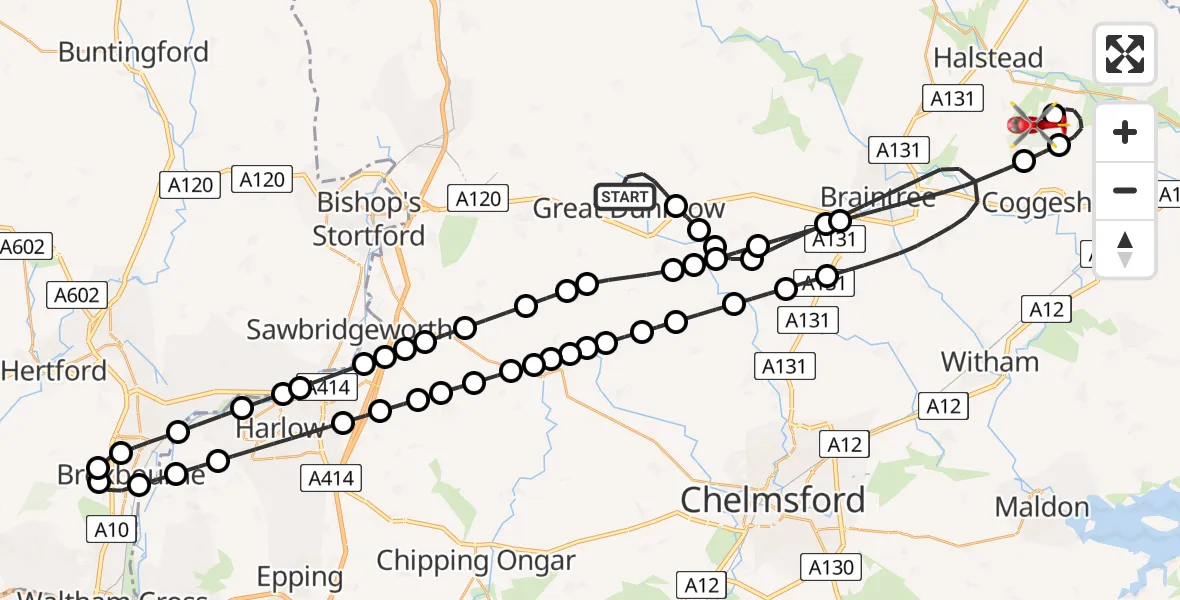 Flight route Air Ambulance Helicopter Great Dunmow - Earls Colne Airfield, 24 July 2026, 12:50