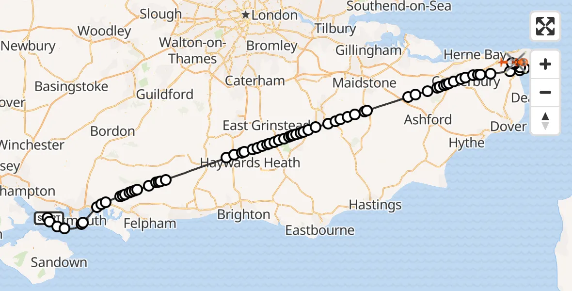 Flight route Coastguard Helicopter Solent Airport - Manston Airport, 24 July 2026, 12:54