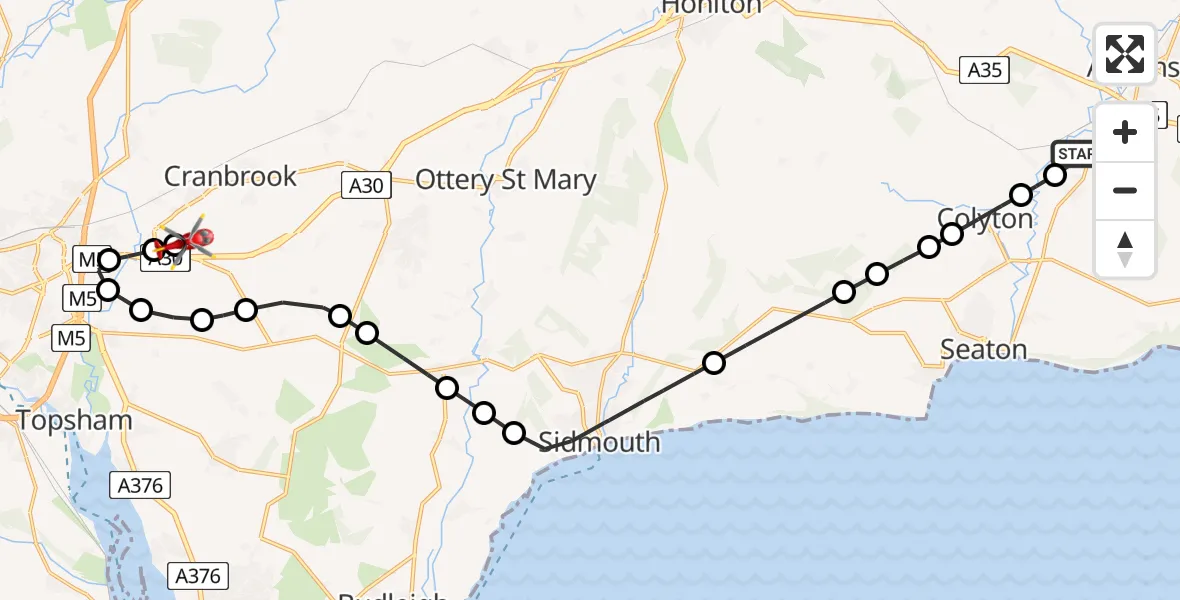 Flight route Air Ambulance Helicopter Musbury - Exeter International Airport, 24 July 2026, 12:58
