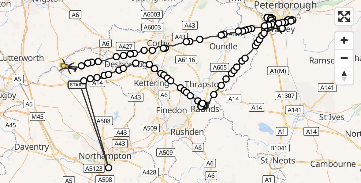 Flight route Police Helicopter Naseby - Sibbertoft, 24 July 2026, 12:59