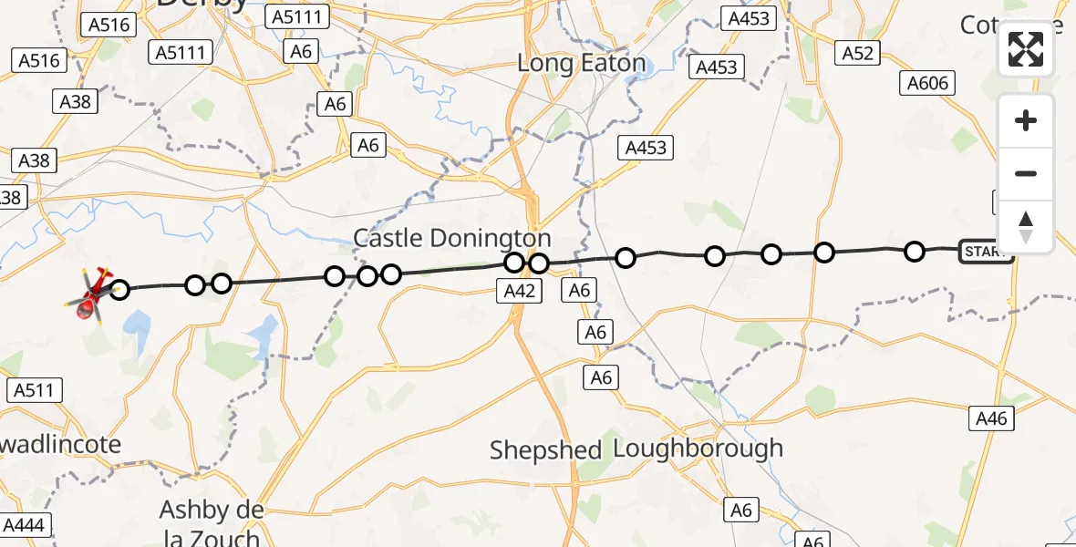Flight route Air Ambulance Helicopter Widmerpool - Repton CP, 24 July 2026, 13:13
