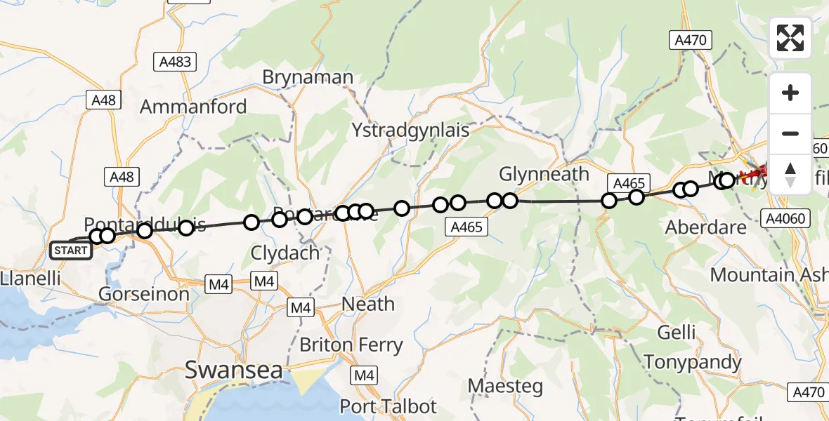 Flight route Air Ambulance Helicopter Dafen - Merthyr Tydfil, 24 July 2026, 13:14