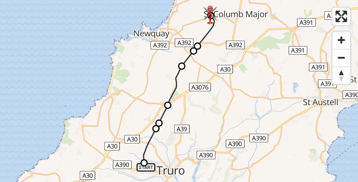 Flight route Air Ambulance Helicopter Treliske Hospital - Cornwall Airport Newquay, 24 July 2026, 13:14