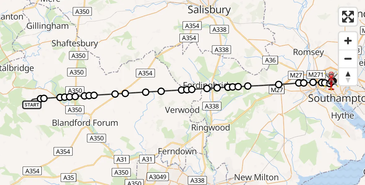 Flight route Air Ambulance Helicopter Fifehead St Quintin - University Hospital Southampton, 24 July 2026, 13:15