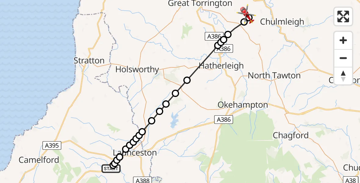 Flight route Air Ambulance Helicopter Lewannick - North Devon, 24 July 2026, 13:22