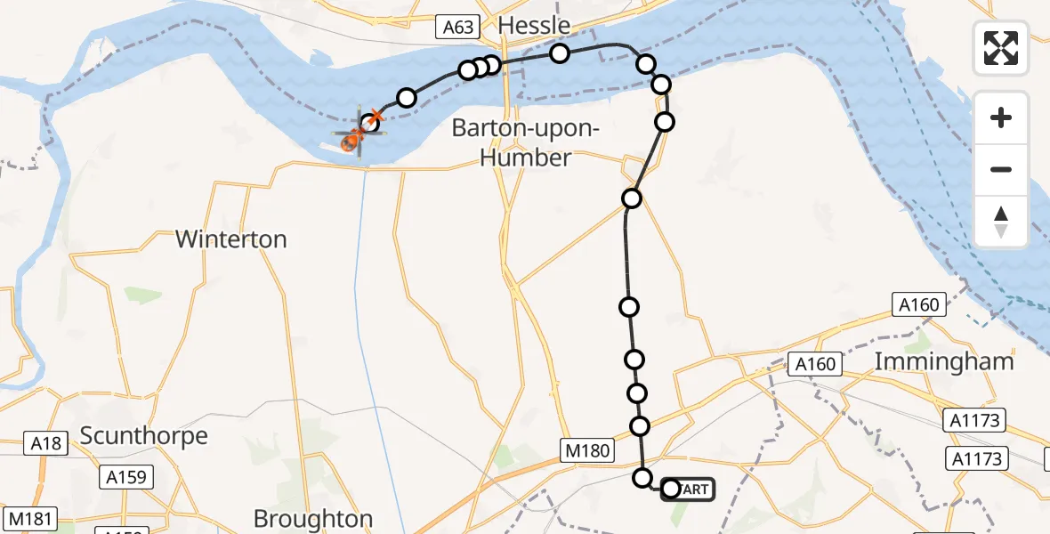Flight route Coastguard Helicopter Humberside Airport - Winteringham, 24 July 2026, 13:35