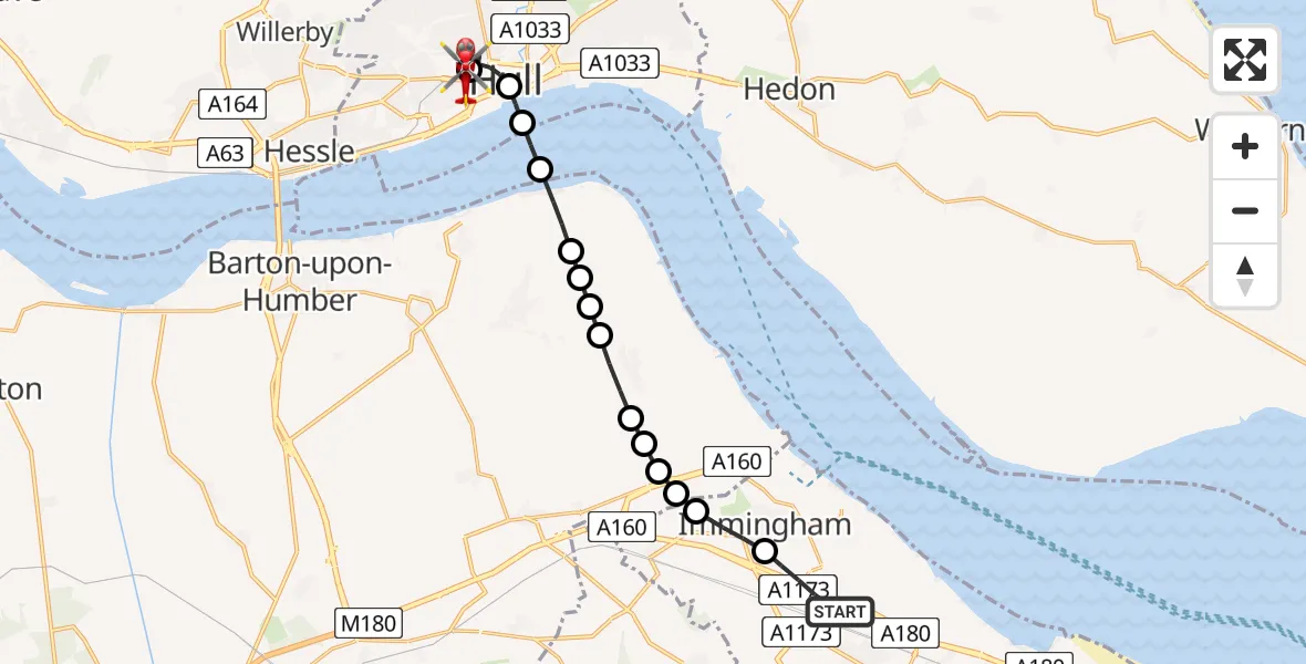 Flight route Air Ambulance Helicopter Stallingborough - Hull Royal Infirmary, 24 July 2026, 13:42