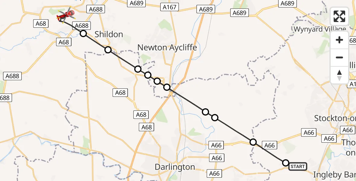 Flight route Air Ambulance Helicopter Egglescliffe - St Helen Auckland, 24 July 2026, 13:44