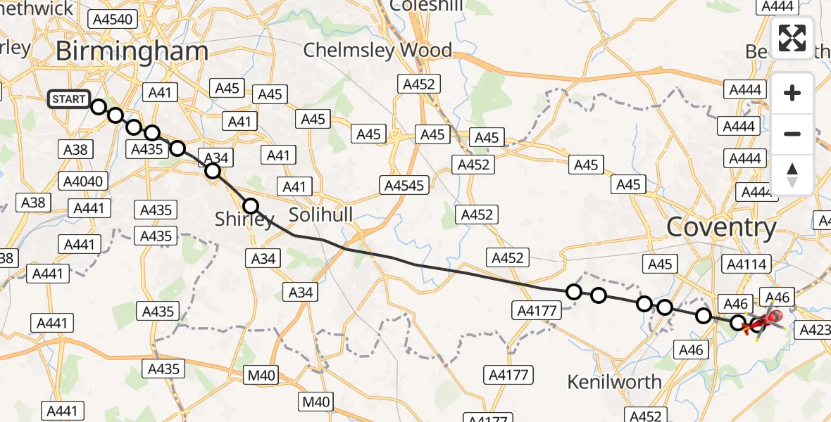 Flight route Air Ambulance Helicopter Metchley - Coventry Airport, 24 July 2026, 13:46