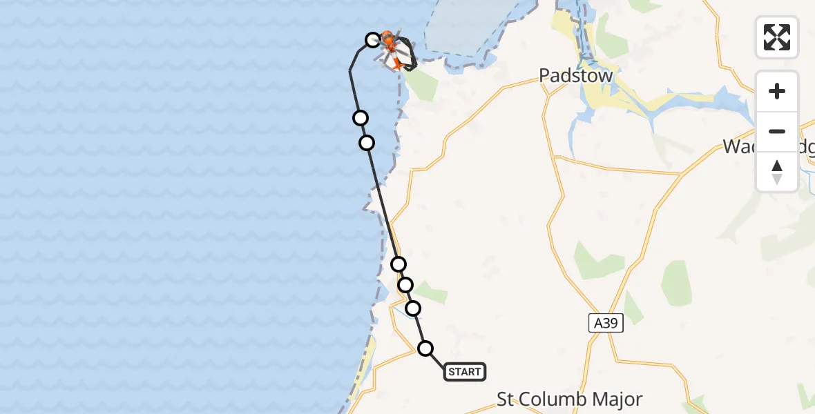 Flight route Coastguard Helicopter Cornwall Airport Newquay - Constantine Bay, 24 July 2026, 13:51