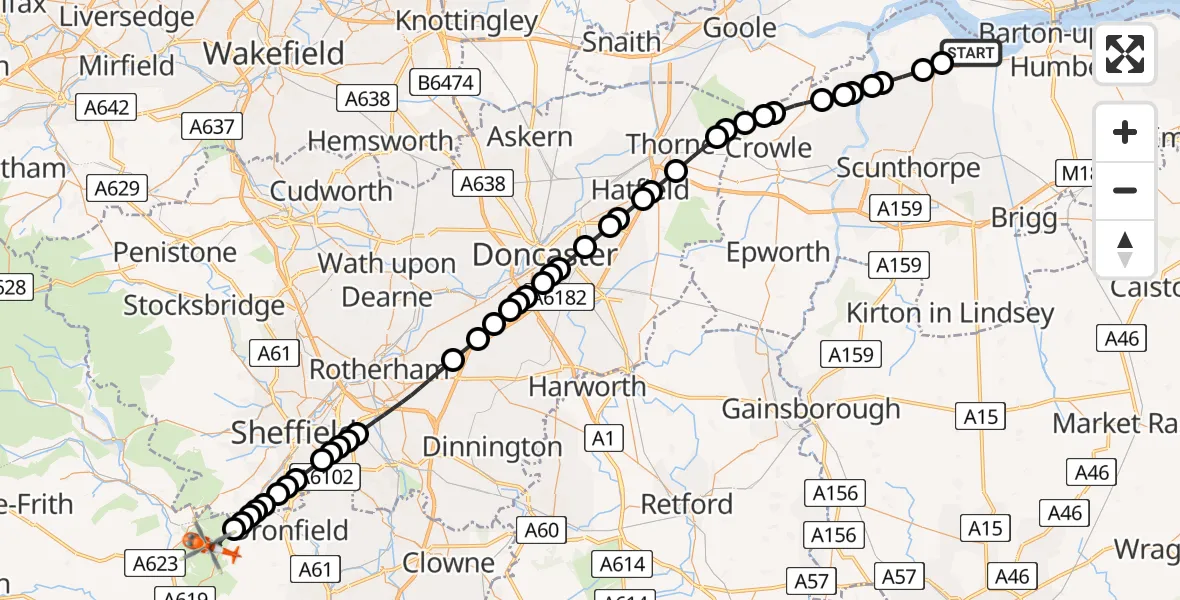 Flight route Coastguard Helicopter Winteringham - North East Derbyshire, 24 July 2026, 13:53
