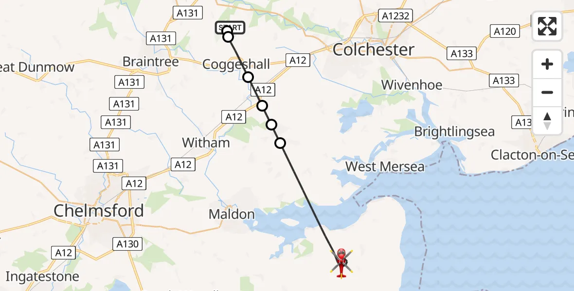 Flight route Air Ambulance Helicopter Earls Colne Airfield - Maldon, 24 July 2026, 13:53
