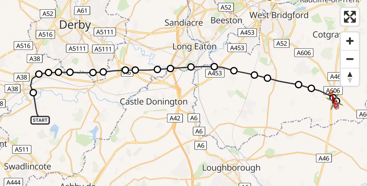 Flight route Air Ambulance Helicopter Repton CP - Nottingham Heliport, 24 July 2026, 14:03