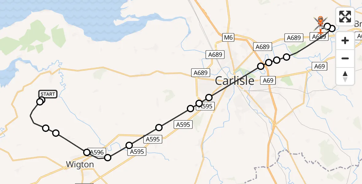 Flight route Coastguard Helicopter Kirkbride Airfield - Carlisle Lake District Airport, 24 July 2026, 14:05