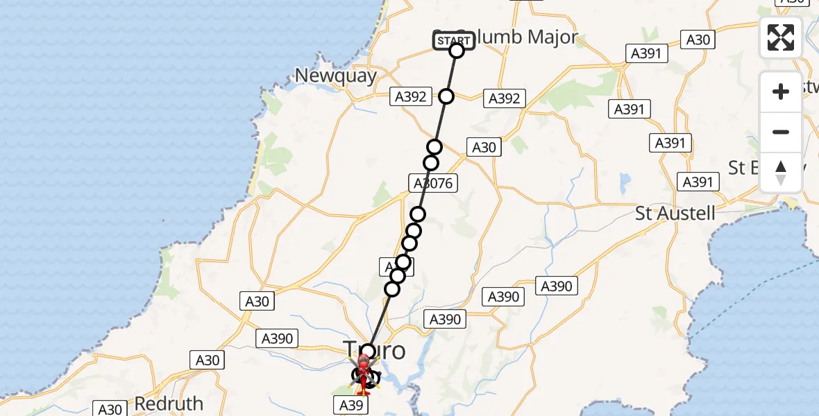 Flight route Air Ambulance Helicopter Cornwall Airport Newquay - Playing Place, 24 July 2026, 14:09