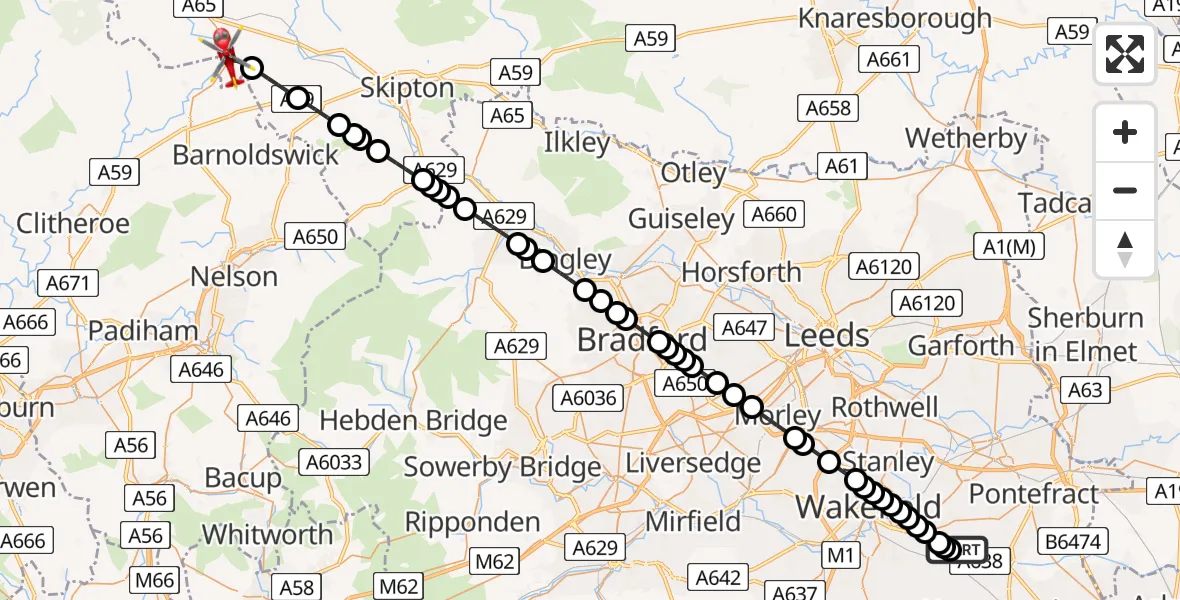 Flight route Air Ambulance Helicopter YAA Nostell Helicopter Port - Hellifield, 24 July 2026, 14:14