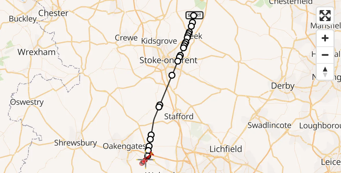 Flight route Air Ambulance Helicopter Staffordshire Moorlands - Cosford, 24 July 2026, 14:18