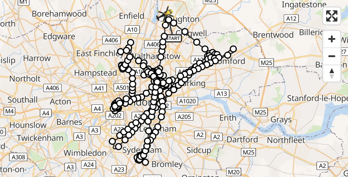 Flight route Police Helicopter Monkhams - Sewardstonebury, 24 July 2026, 14:18