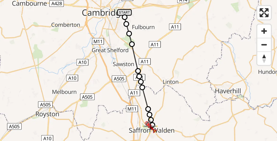 Flight route Air Ambulance Helicopter Cambridge City Airport - Saffron Walden, 24 July 2026, 14:20