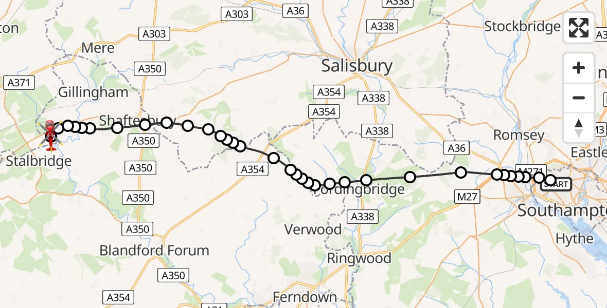 Flight route Air Ambulance Helicopter University Hospital Southampton - Henstridge Airfield, 24 July 2026, 14:28