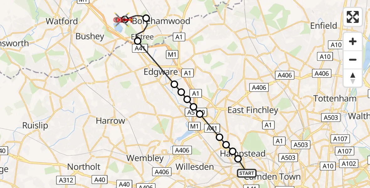 Flight route Air Ambulance Helicopter Belsize Park - Elstree Airfield, 24 July 2026, 14:36