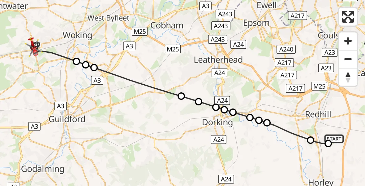 Flight route Air Ambulance Helicopter Redhill Aerodrome - Woking, 24 July 2026, 14:38