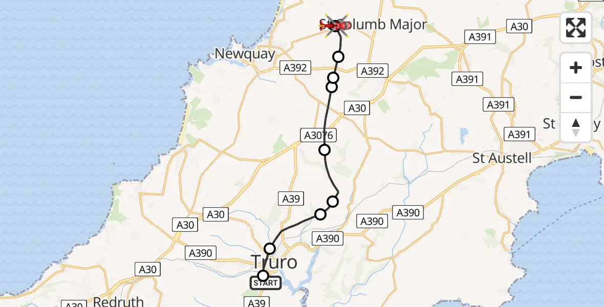 Flight route Air Ambulance Helicopter Playing Place - Cornwall Airport Newquay, 24 July 2026, 14:45