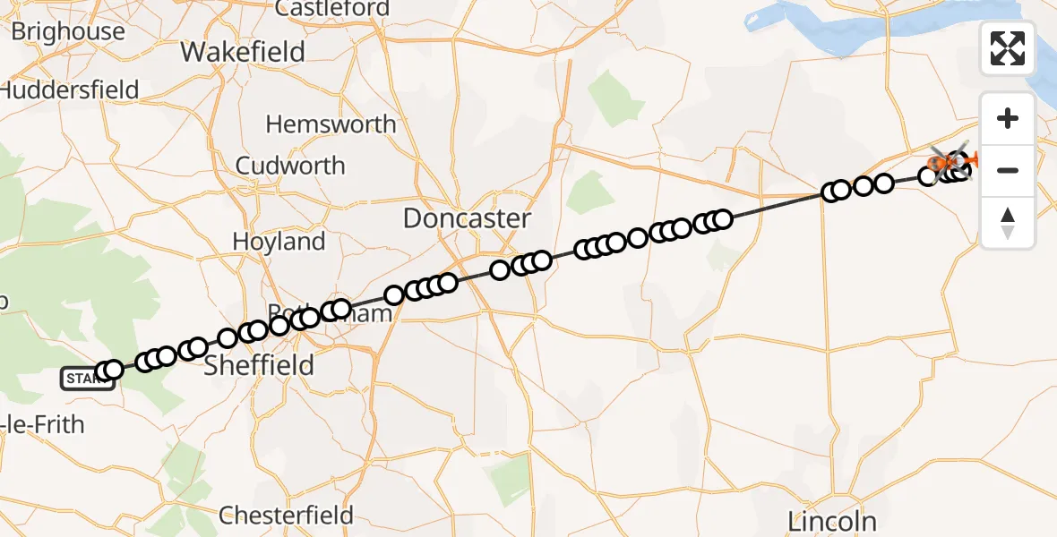 Flight route Coastguard Helicopter Hope - Humberside Airport, 24 July 2026, 14:51