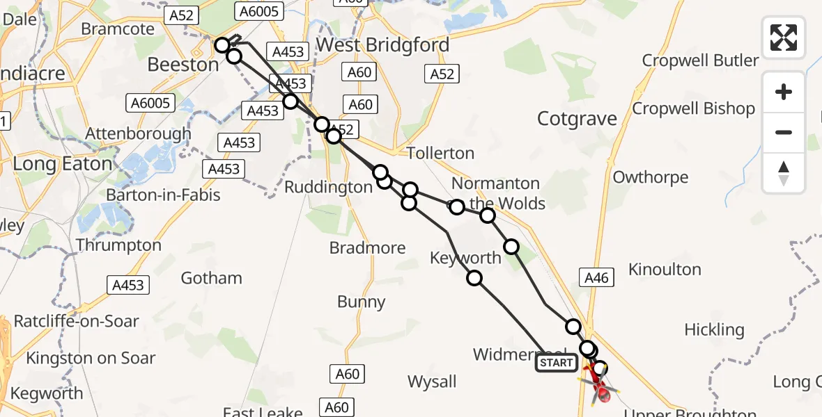 Flight route Air Ambulance Helicopter Widmerpool - Nottingham Heliport, 24 July 2026, 14:51
