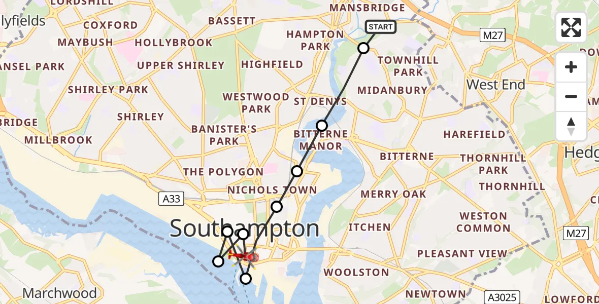 Flight route Air Ambulance Helicopter Mansbridge - St Mary's, 24 July 2026, 14:56