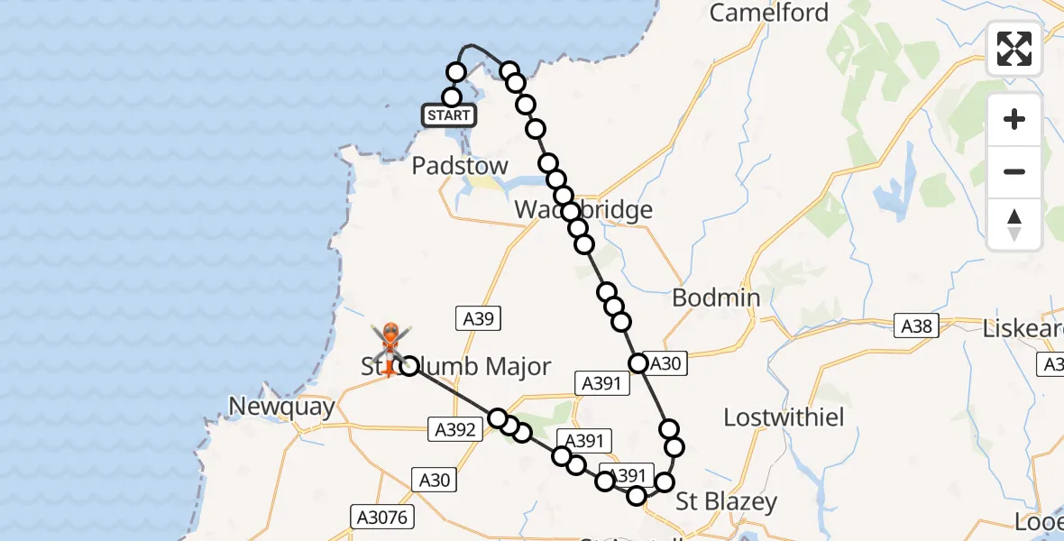 Flight route Coastguard Helicopter Padstow - Cornwall Airport Newquay, 24 July 2026, 15:02