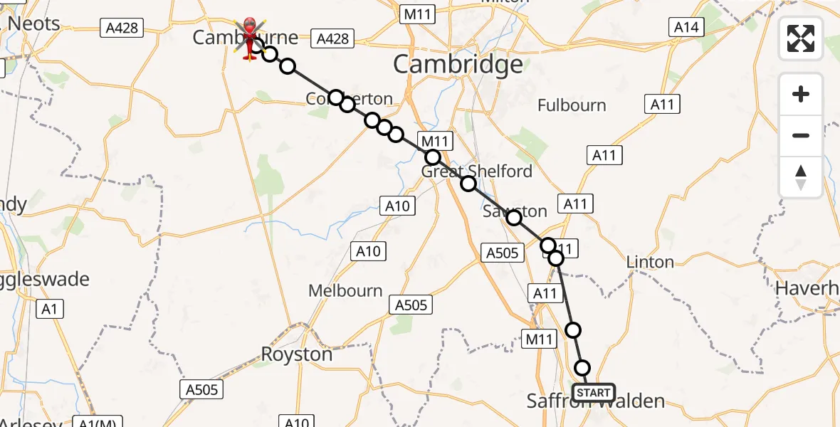 Flight route Air Ambulance Helicopter Saffron Walden - Cambourne, 24 July 2026, 15:07