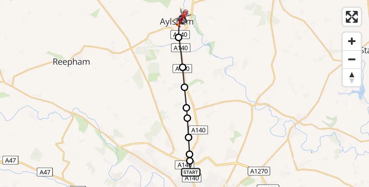 Flight route Air Ambulance Helicopter Norwich Airport - Aylsham, 24 July 2026, 15:15
