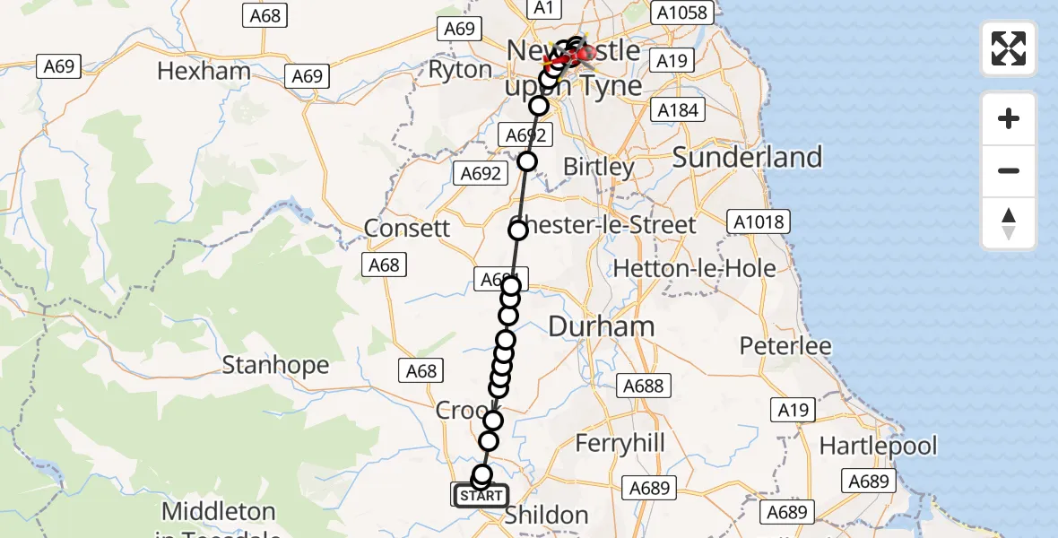 Flight route Air Ambulance Helicopter Low Etherley - Newcastle Royal Victoria Infirmary, 24 July 2026, 15:16