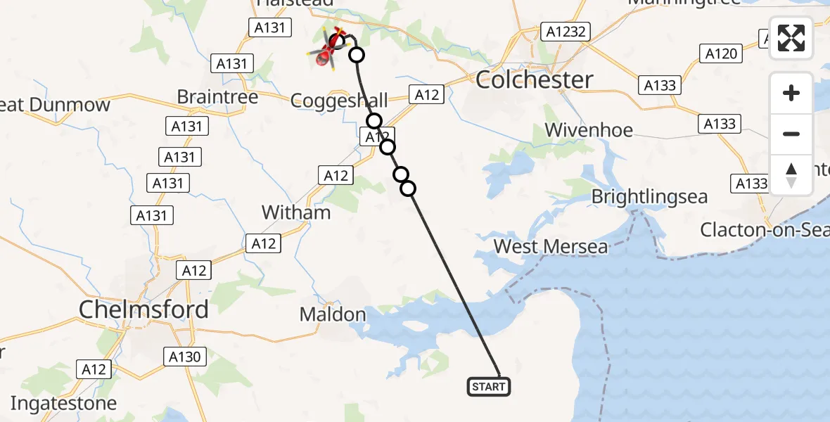 Flight route Air Ambulance Helicopter Maldon - Earls Colne Airfield, 24 July 2026, 15:23