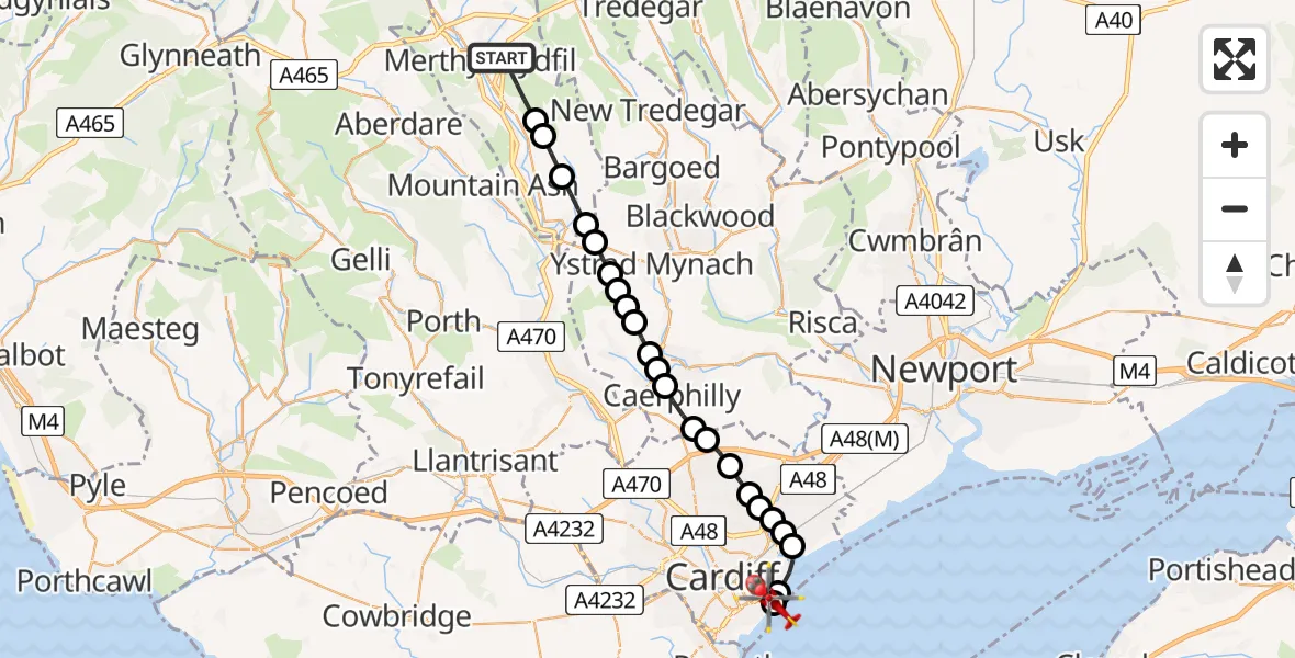 Flight route Air Ambulance Helicopter Merthyr Tydfil - Cardiff Heliport, 24 July 2026, 15:26
