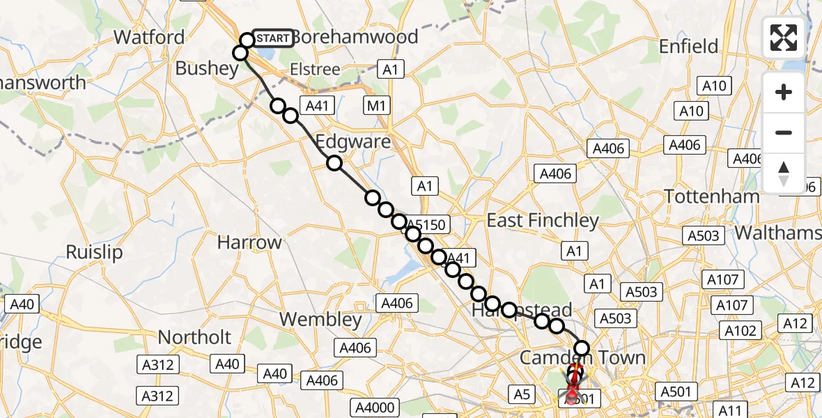Flight route Air Ambulance Helicopter Elstree Airfield - City of Westminster, 24 July 2026, 15:27