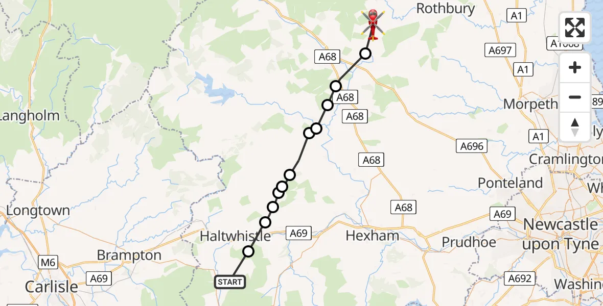 Flight route Air Ambulance Helicopter Coanwood - Hepple, 24 July 2026, 15:28